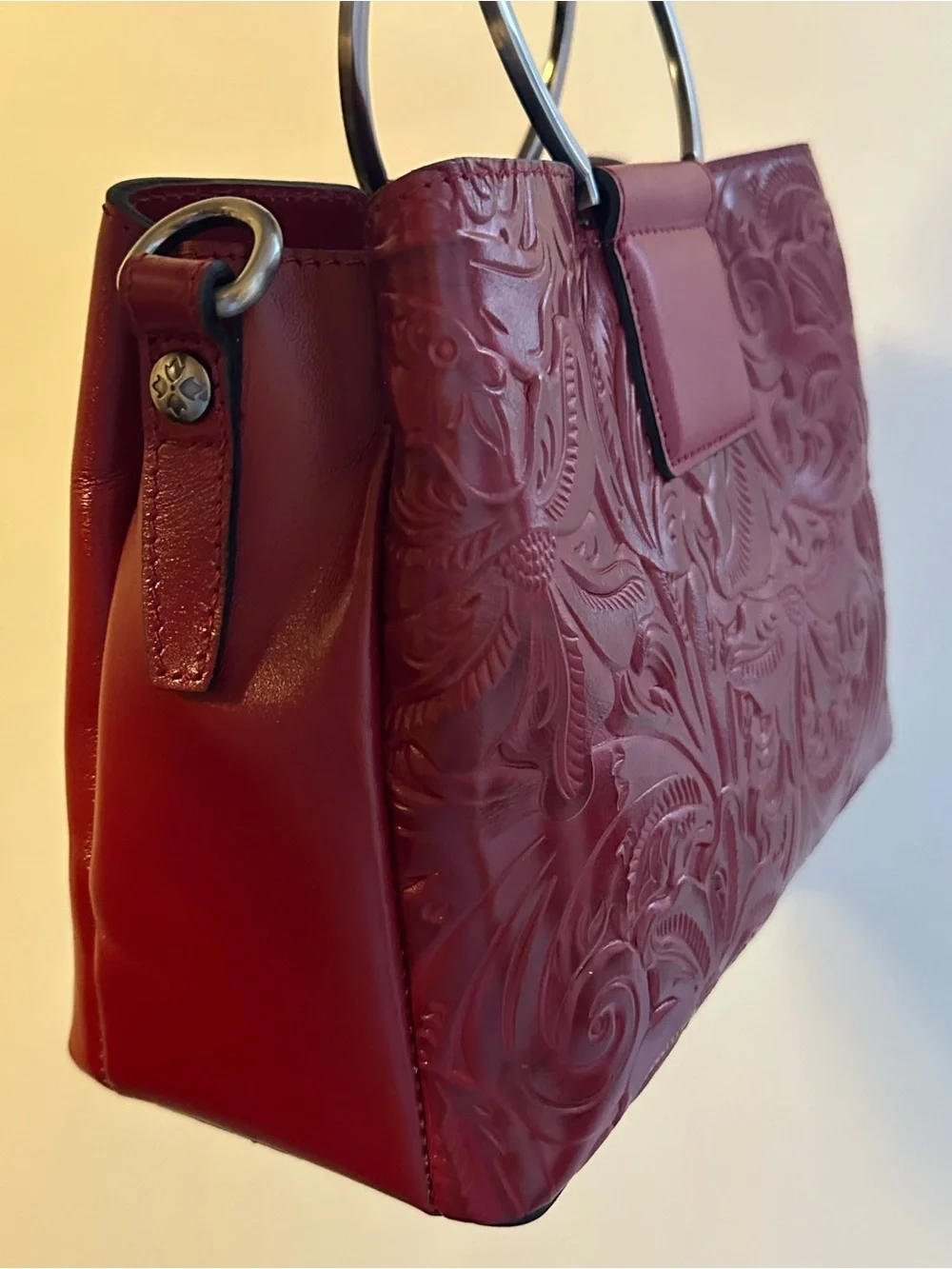 Patricia Nash Red Burnished Tooled Leather Top-Handle Satchel
